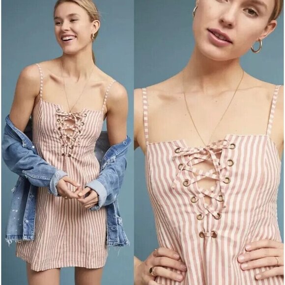 Faithfull The Brand Dress Small 100% Linen Stripe Lace Up Mini - Picture 2 of 16